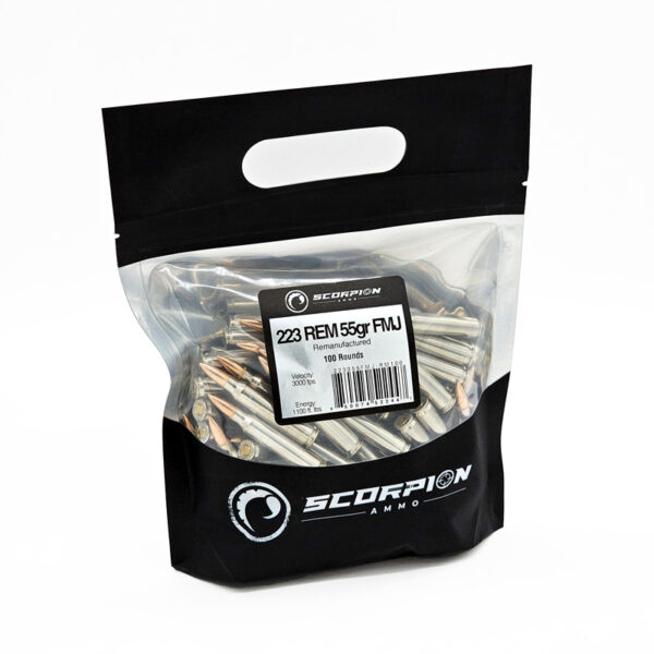 Scorpion 223 Rem <BR>Remanufactured<BR>Nickel Brass<BR><BR>55gr FMJ <BR>100/Go Bag - Image 2